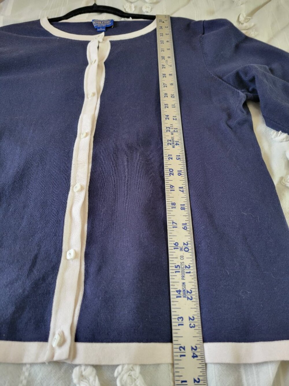 Pendleton Silk Blend Navy Cardigan Ivory Tipping 3/4 Sleeve Button Front Large - Picture 9 of 11